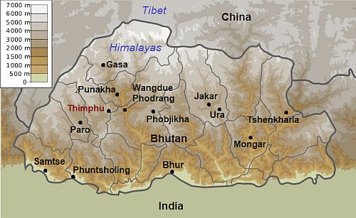 Carte avec les villes - Bhoutan