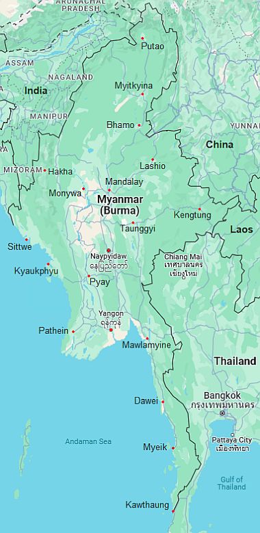 Carte avec les villes - Birmanie