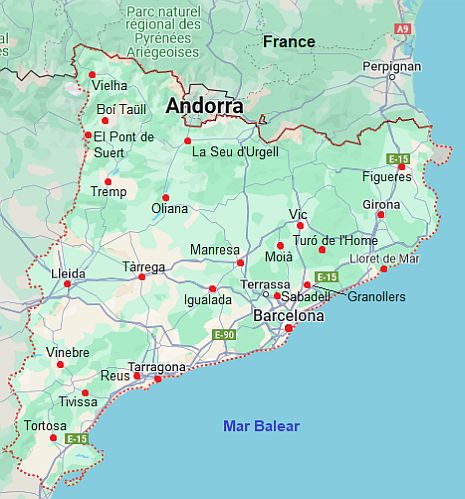 Carte avec les villes - Catalogne