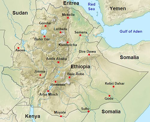 Carte avec les villes - Ethiopie