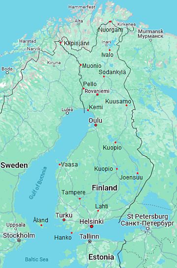 Carte avec les villes - Finlande