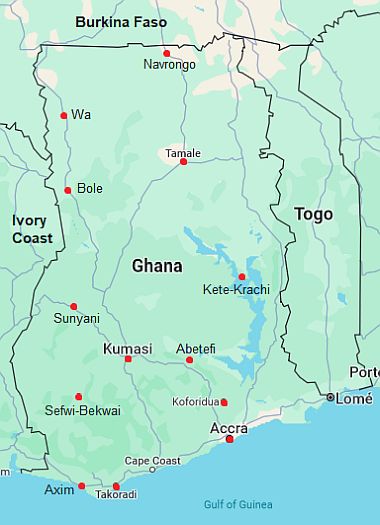 Carte avec les villes - Ghana