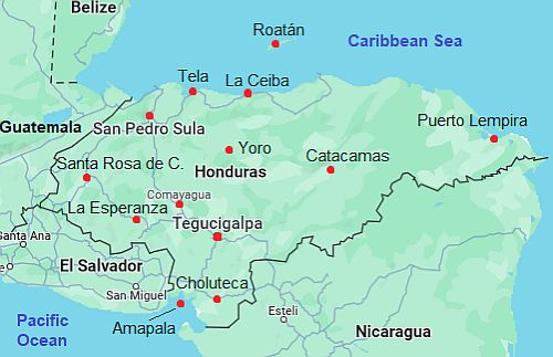 Carte avec les villes - Honduras