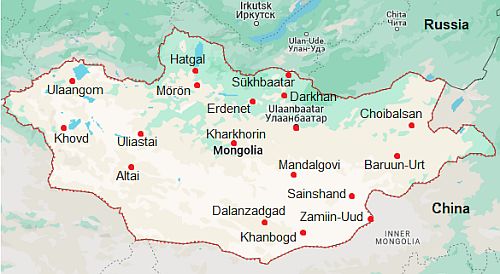 Carte avec les villes - Mongolie