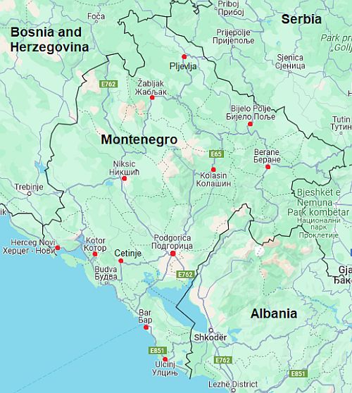Carte avec les villes - Montenegro