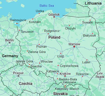 Carte avec les villes - Pologne