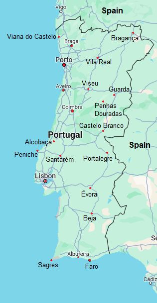 Carte avec les villes - Portugal
