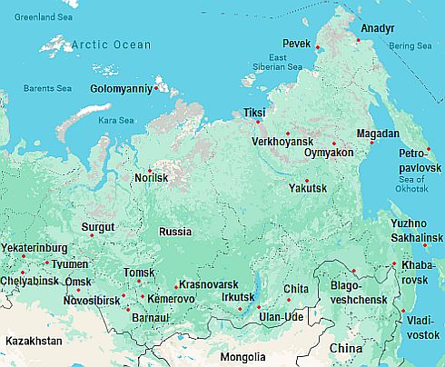 Carte avec les villes - Siberie