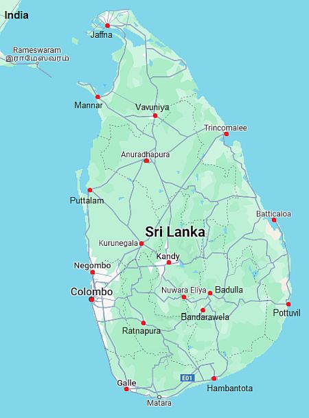 Carte avec les villes - Sri Lanka