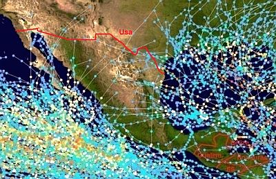 Trajectoires de cyclones au Mexique