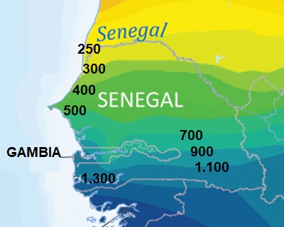 Précipitations annuelles au Sénégal (mm)