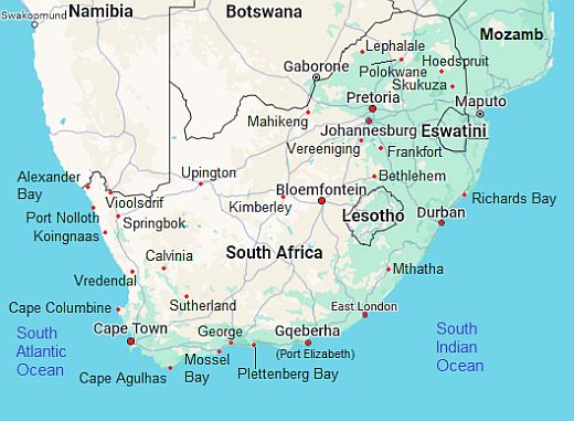 Carte avec les villes - Afrique Du Sud