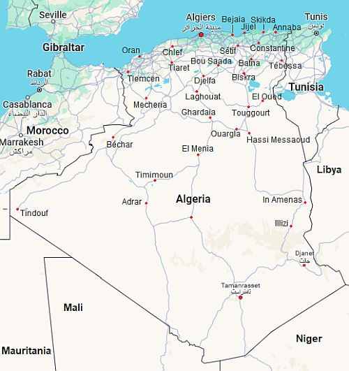 Carte avec les villes - Algerie