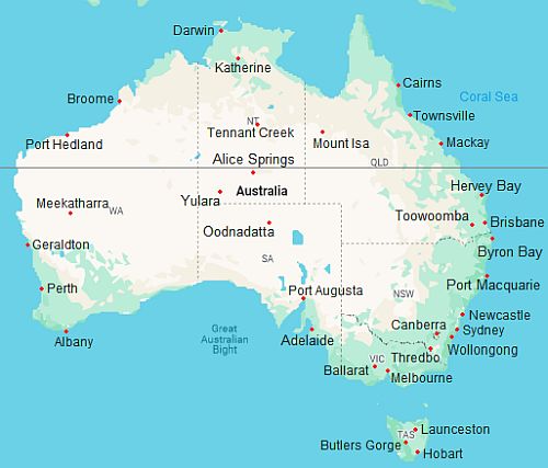 Carte avec les villes - Australie