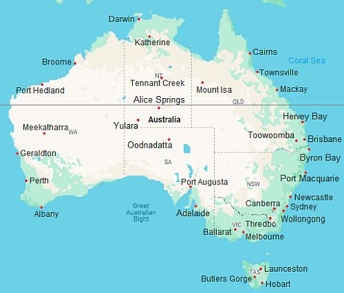 Carte avec les villes - Australie