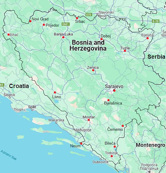 Carte avec les villes - Bosnie Herzegovine