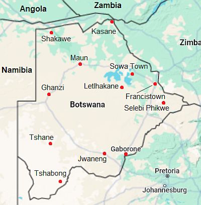 Carte avec les villes - Botswana