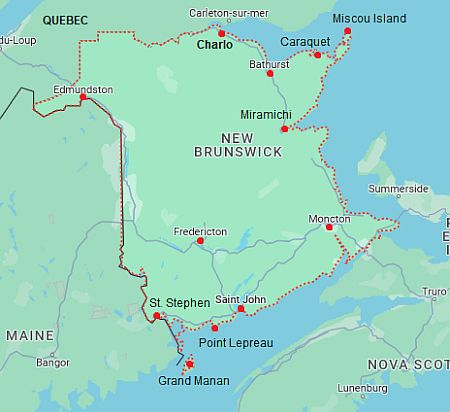 Carte avec les villes - Nouveau Brunswick
