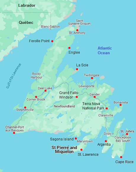 Carte avec les villes - Terre Neuve