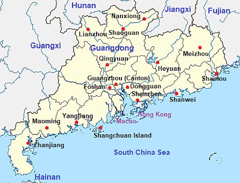 Carte avec les villes - Guangdong