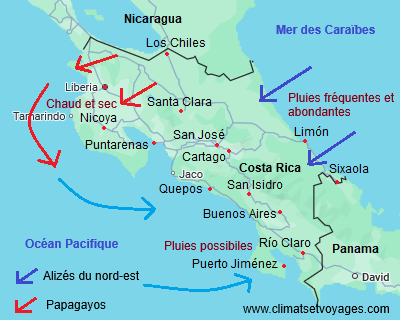 Carte des vents et des précipitations au Costa Rica de décembre à avril