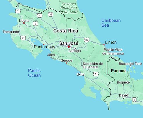 Carte avec les villes - Costa Rica