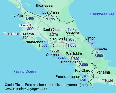 Précipitations annuelles moyennes dans certaines villes du Costa Rica