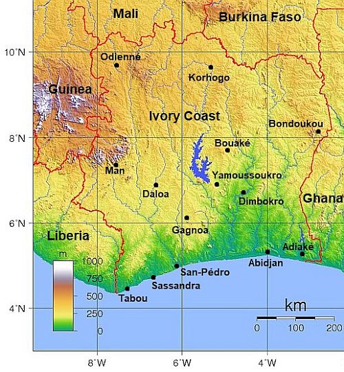 Carte avec les villes - Cote D Ivoire