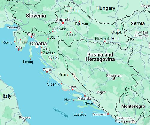 Carte avec les villes - Croatie
