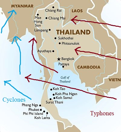 Trajectoires des cyclones et typhons en Thaïlande