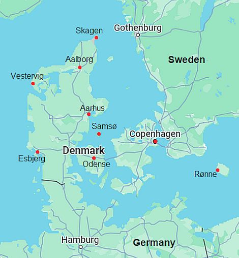 Carte avec les villes - Danemark