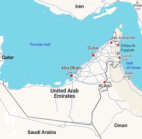 Carte avec les villes - Emirats Arabes Unis