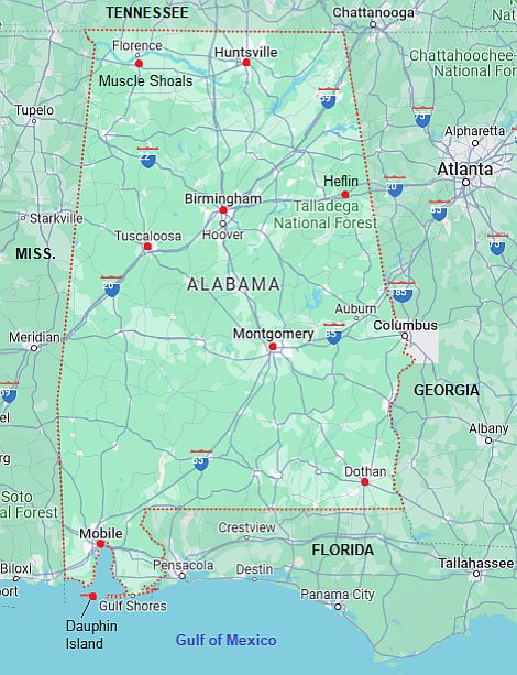 Carte avec les villes - Alabama