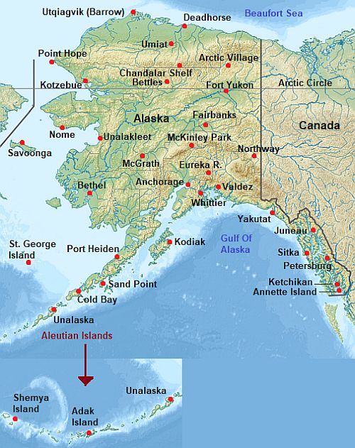 Carte avec les villes - Alaska