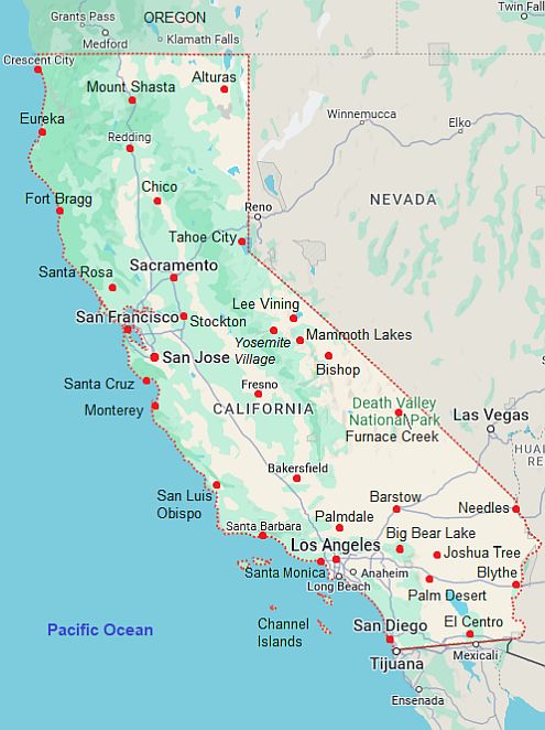 Carte avec les villes - Californie