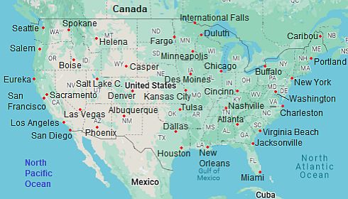 Carte avec les villes - Etats Unis