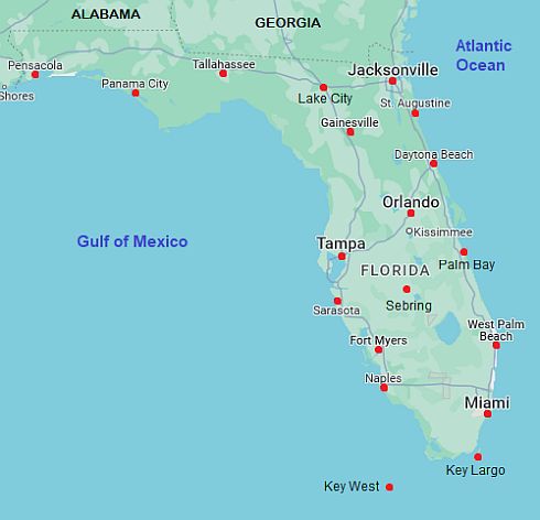 Carte avec les villes - Floride