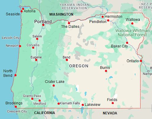 Carte avec les villes - Oregon
