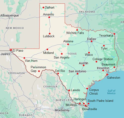 Carte avec les villes - Texas