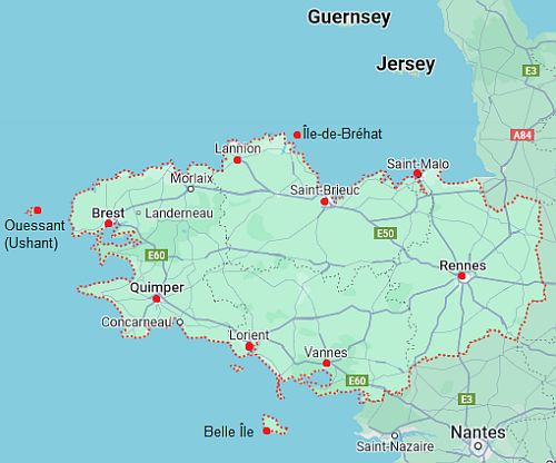 Carte avec les villes - Bretagne