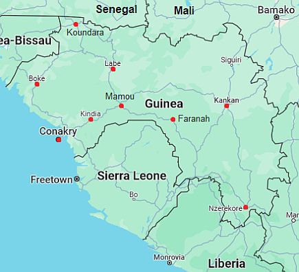 Carte avec les villes - Guinee