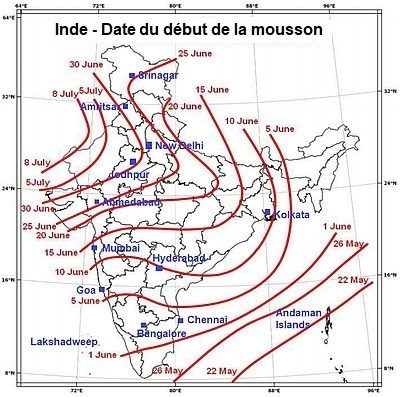 Dates habituelles du début de la mousson du sud-ouest en Inde