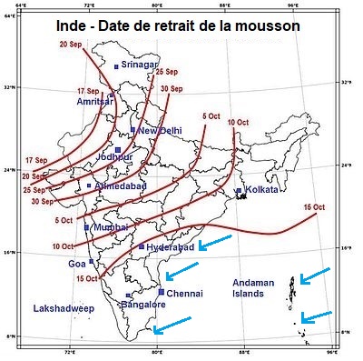 Dates habituelles de retrait de la mousson du sud-ouest en Inde