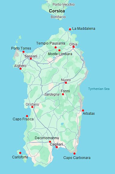 Carte avec les villes - Sardaigne