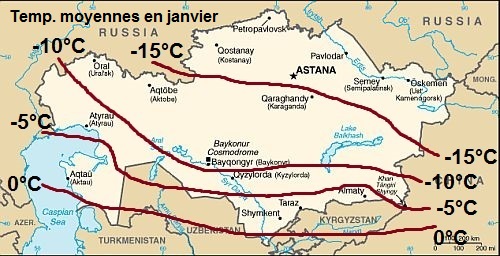 Températures moyennes de janvier en Kazakhstan