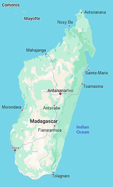 Carte avec les villes - Madagascar