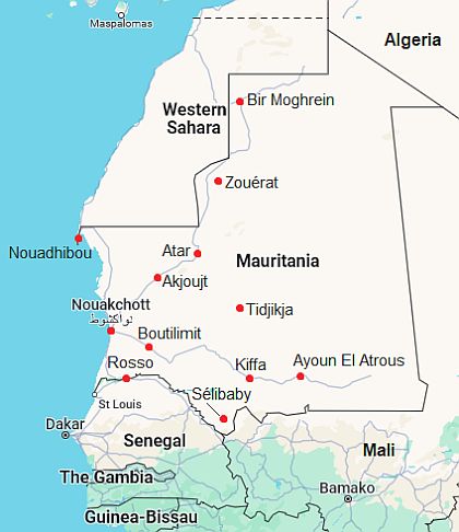 Carte avec les villes - Mauritanie
