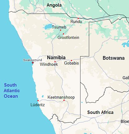 Carte avec les villes - Namibie