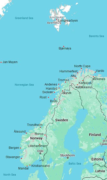 Carte avec les villes - Norvege