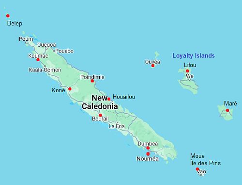 Carte avec les villes - Nouvelle Caledonie